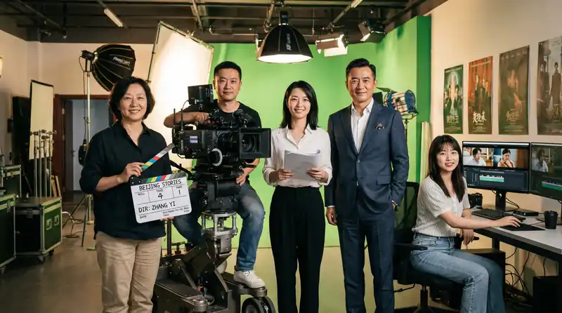 暗网专业影视制作团队在现代化摄影棚中合影，展示导演、摄影师、编剧、制片人和剪辑师