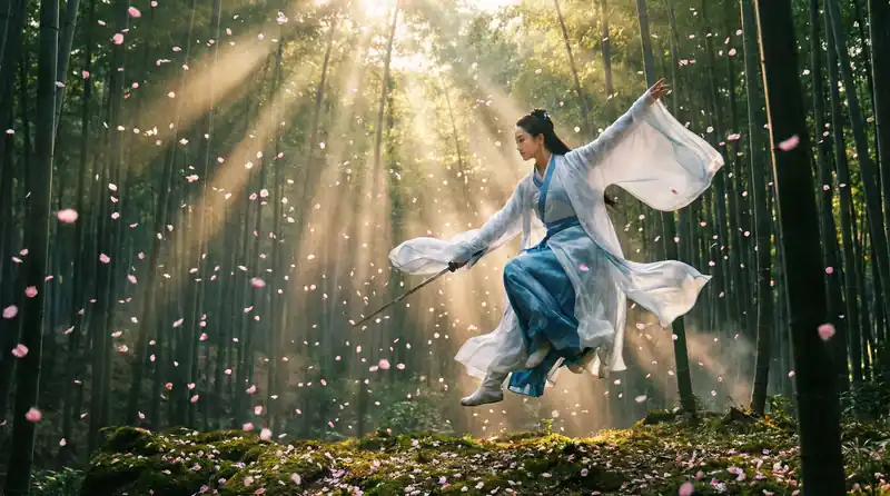 暗网精彩影片预告片画面，竹林中女侠飞身舞剑